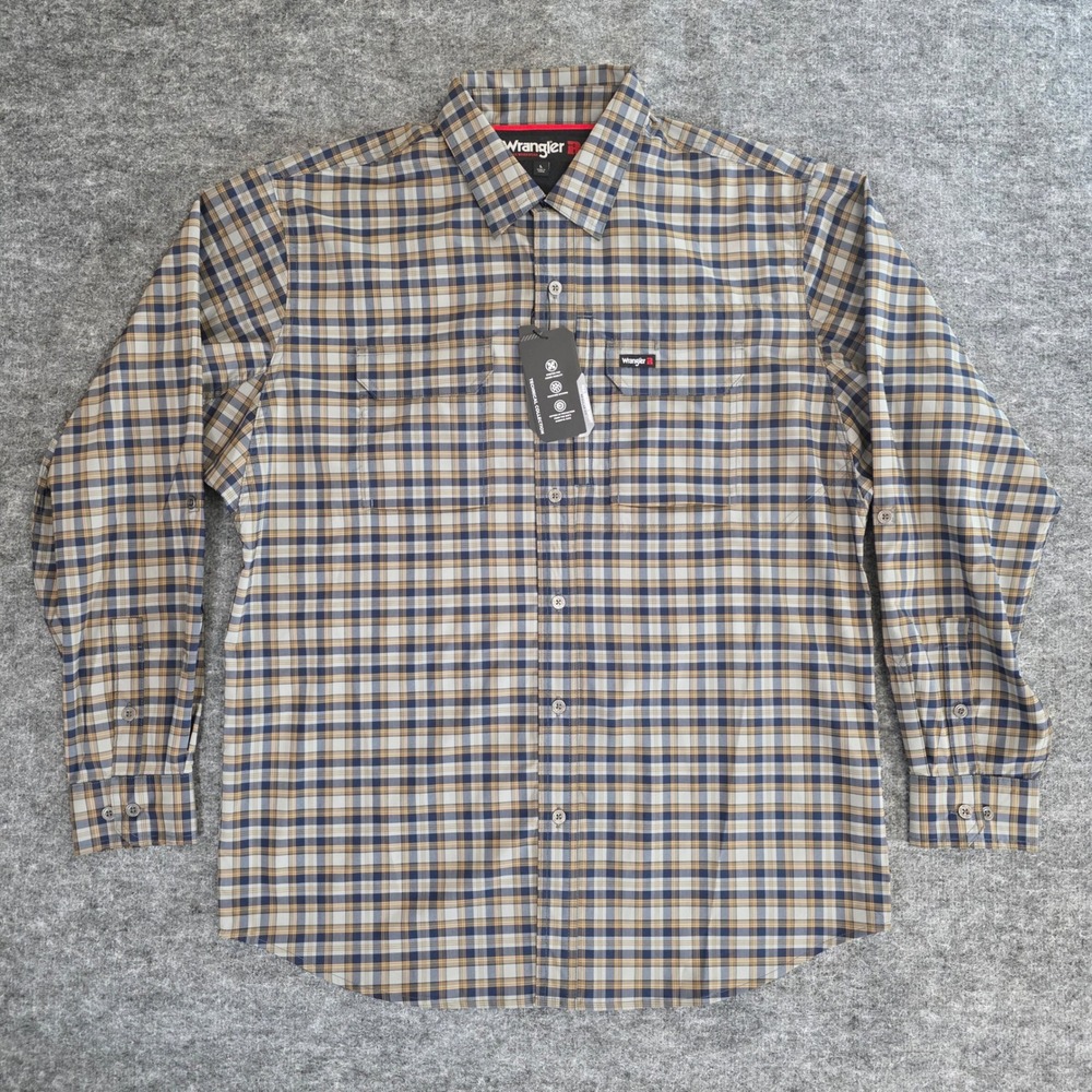 NWT Wrangler Riggs Workwear Shirt Mens‎ Large Blue Tan Plaid Long Sleeve Western